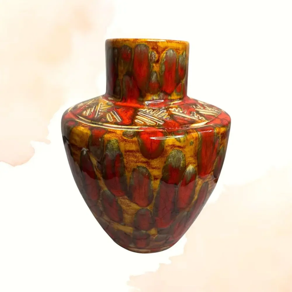 Vintage Signed Studio Pottery Vase Red Orange Glaze MCM Statement 9in
